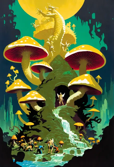 pulp fantasy art, dragon,giant mushrooms,pile of gold,angel, <lora:envypulpfantasyxl01:1:1:lbw=all>