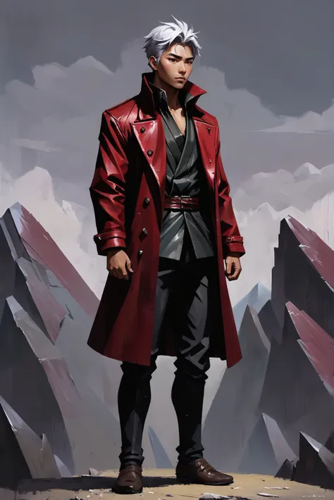 a man in a red coat standing on top of a mountain