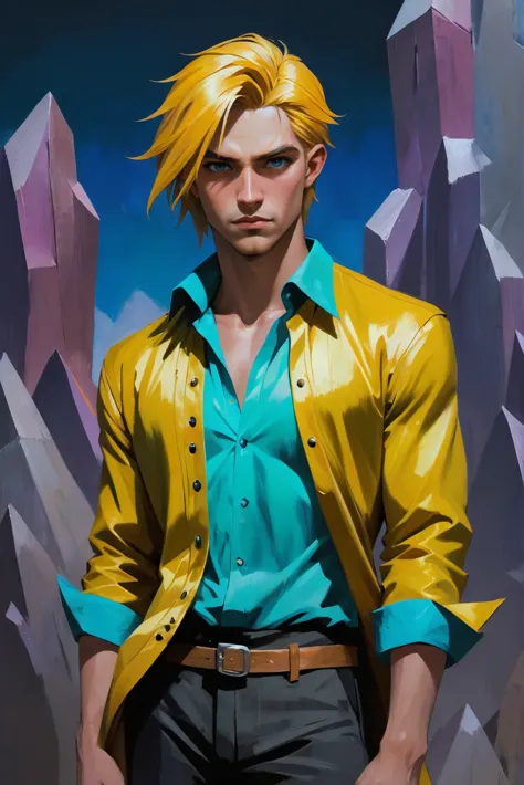 a painting of a man with yellow hair and a blue shirt