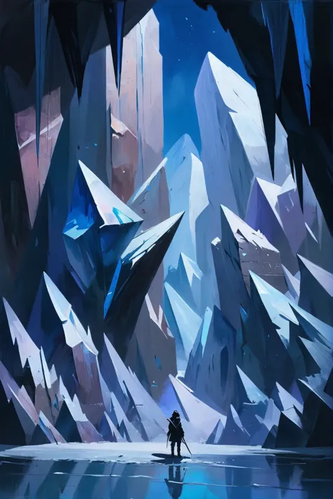 rough textured digital painting, palette knife, anime style, Crystal Ice Caverns<lora:EnvyStarlightJaggedCrystal01:1>