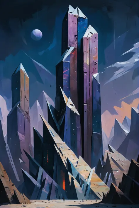 a painting of a futuristic city with a mountain in the background