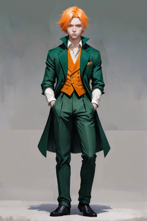 a drawing of a man in a green suit and orange tie