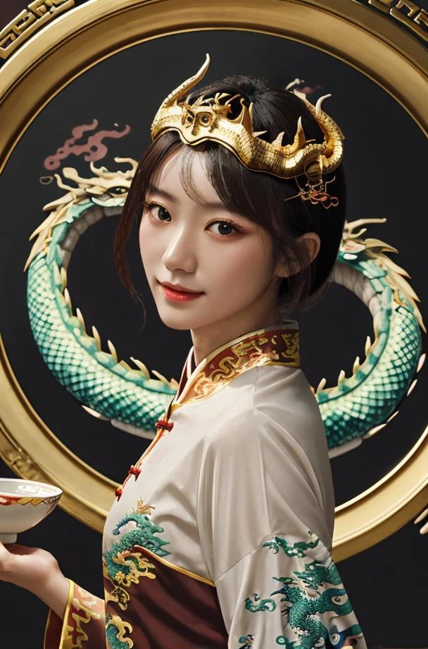 1girl, eastern dragon, dragon, solo, chinese clothes, brown hair, realistic, brown eyes, looking at viewer, lips, cup