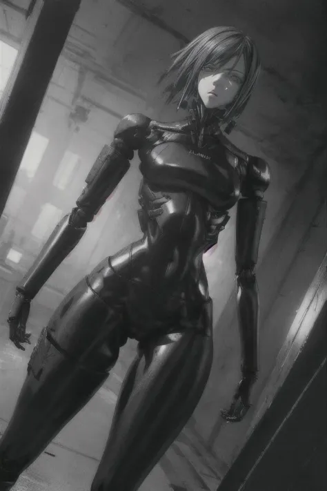 hard lighting with hard shadows, (blame artstyle:1.1), (tsutomu nihei:0.6)
one cyborg girl with robot legs is standing upright and looking away from viewer, (looking ahead:0.8)
distracted view, (thick thighs, wide hips, slim waist:1.3)
mechanical parts, android, cyborg, robot, (transluscent skin:1.2)
(dynamic camera angle:1.3), flat colours, monochrome
(very detailed background:1.1) is empty void
