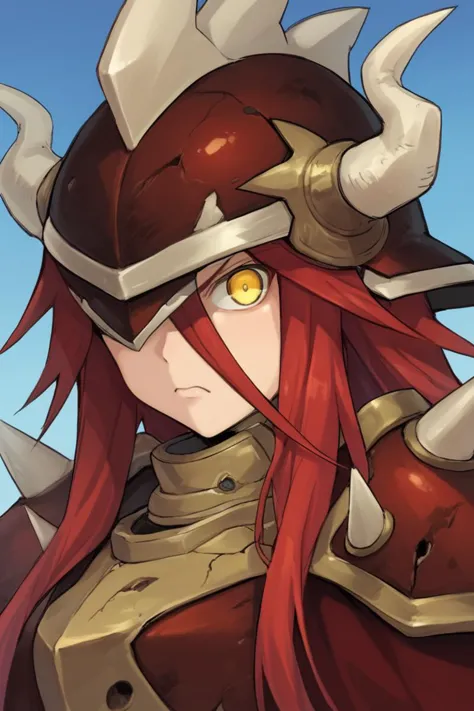 score_9, score_8_up, score_7_up, score_6_up, source_anime, BREAK, <lora:GulcasaPonyXL:0.6> , Guldef, (1boy), red hair, long hair, hair between eyes, yellow eyes, armor, one eye covered, horned helmet, spiked helmet, horned headwear, spikes, shoulder armor, shoulder spikes, cape, pauldrons, looking at viewer, angry, closed mouth, (close-up), face, <lora:detailed_backgrounds_v2:0.6> , masterpiece, best quality, very aesthetic, absurdres, wasteland, outdoors, nature, blue sky,   <lora:Concept Art Eclipse Style LoRA_Pony XL v6:0.3> , concept art, realistic,