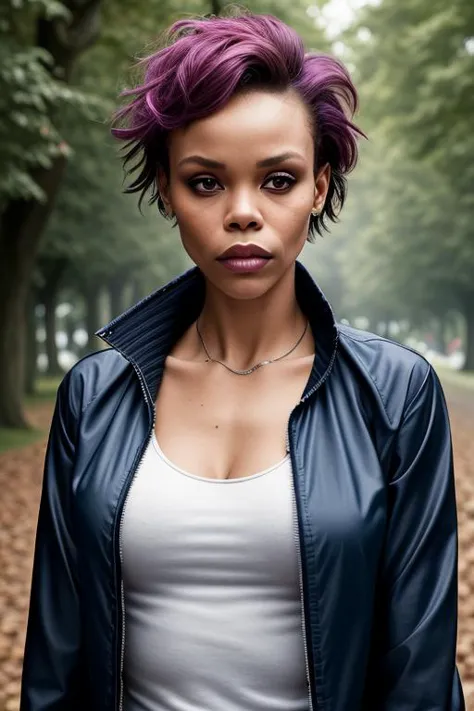 a woman with purple hair and a black jacket standing in a park