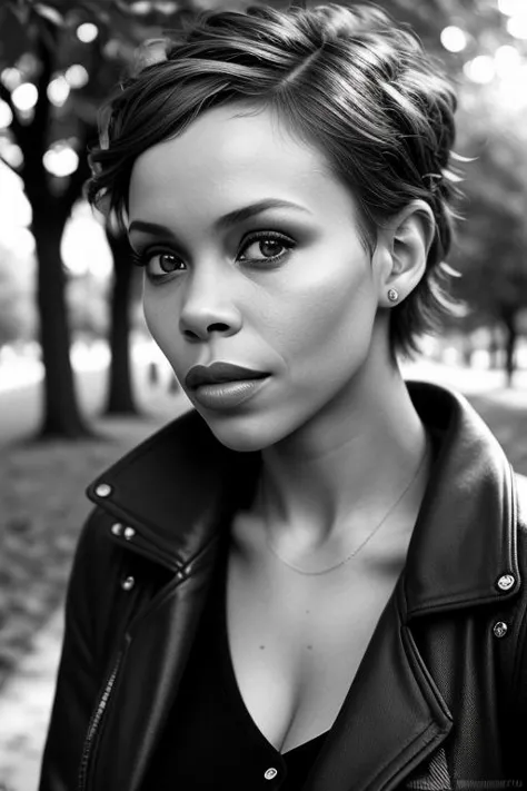 a black and white photo of a woman in a leather jacket