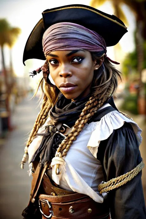 a close up of a woman wearing a pirate hat and a scarf