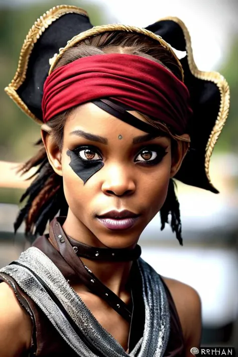 a close up of a woman wearing a pirate costume and a bandana