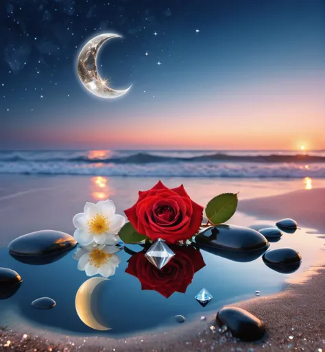 waning moon. flowers roses, stones transparent and diamond crystal in water, on the beach, fantasy, smoke , photo, HD, 8K ,