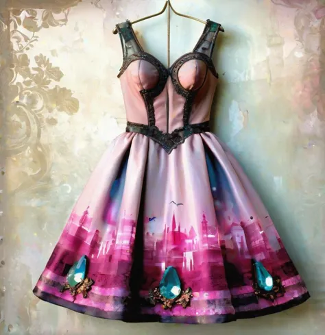 A dress transparent, glass, pink, gem, details, detailed scene, magical items, highly detailed scene, masterpiece, 3D, sculptural, textured, handmade, vibrant, fun, Textured, distressed, vintage, edgy, dirty, noisy