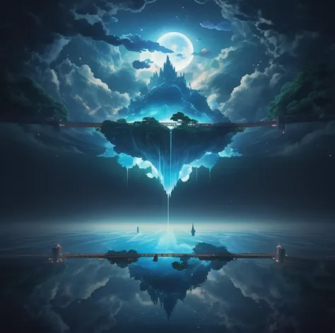 Ethereal realm with floating islands, bridges connecting clouds, mirroring dreamy anime visuals.