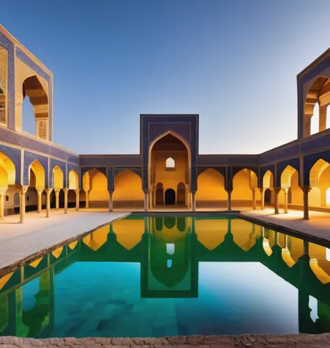 a pool in a courtyard with arches and arches around it