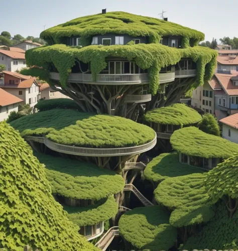 Immense tree city, houses in branches, residents swinging on vines, reminiscent of nature