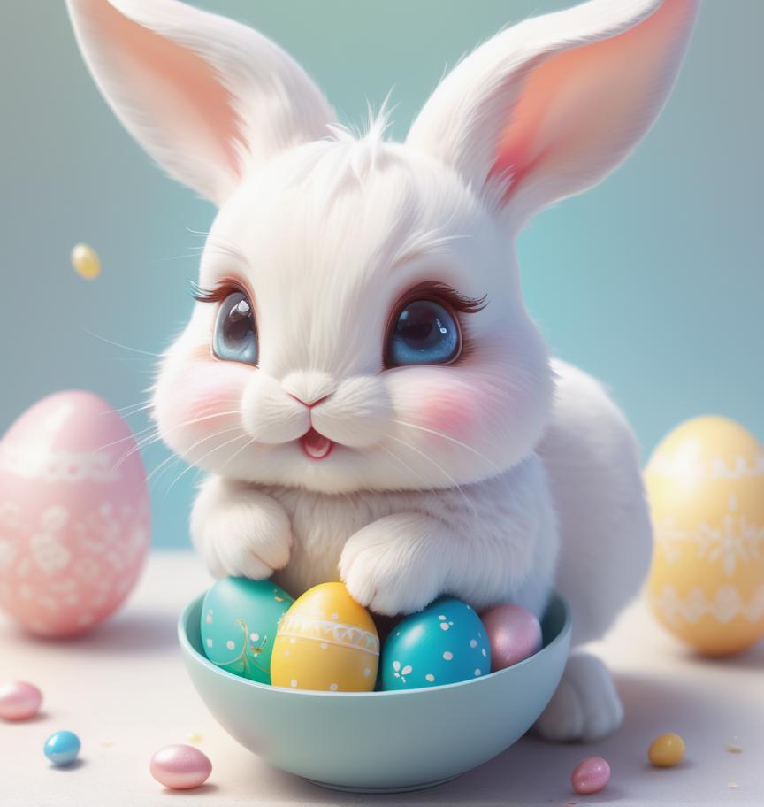 A close up of a white rabbit sitting in a bowl with eggs - SeaArt AI