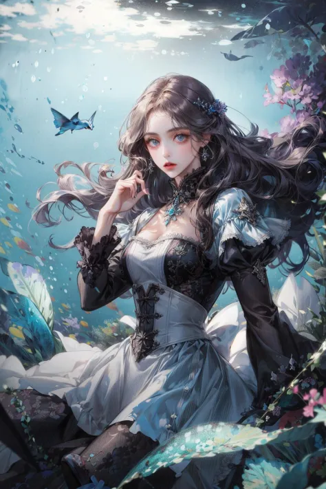 (absurdres, highres, ultra detailed), 1woman, solo, mature, aged up, (long hair), Baroque, long sleeve, elegant, colorful, cowboy shot, underwater, floating hair, dutch angle