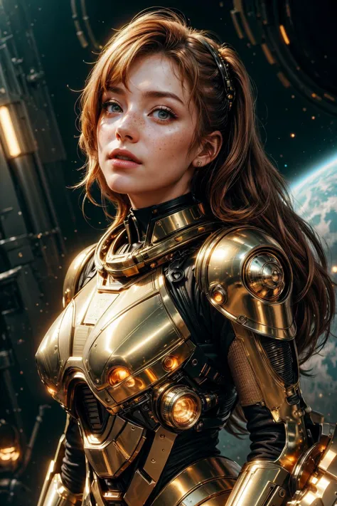 a woman in a gold armor suit standing in front of a space station