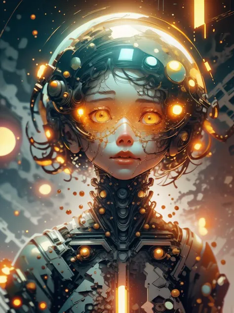 a digital illustration of a woman with glowing eyes and a futuristic helmet