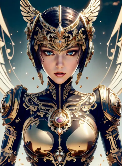 a woman in armor with wings and gold jewelry