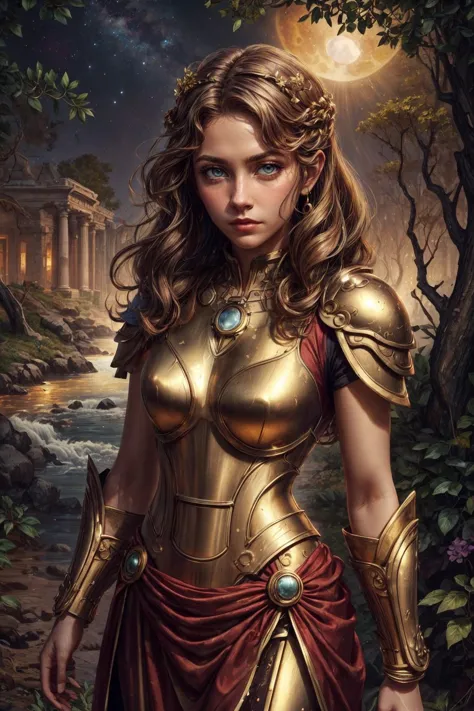 a woman in armor standing in front of a river