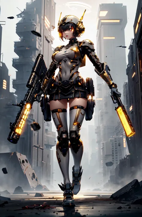 a woman in a futuristic suit holding a gun and a rifle