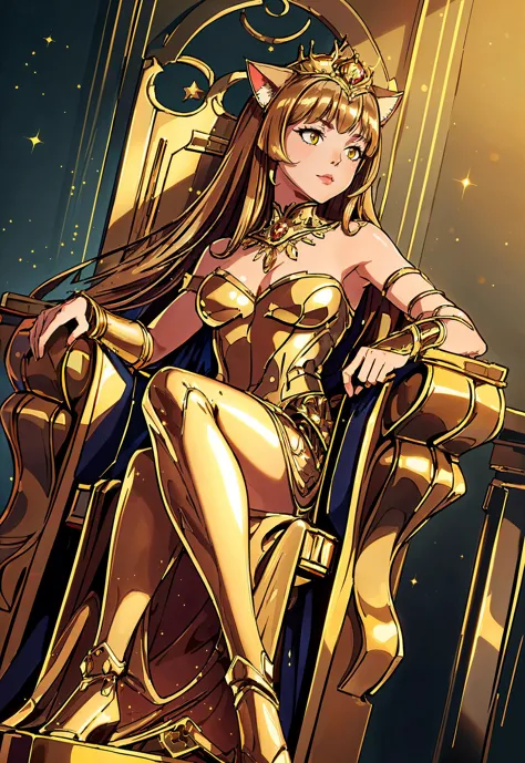 a woman in a golden outfit sitting on a throne