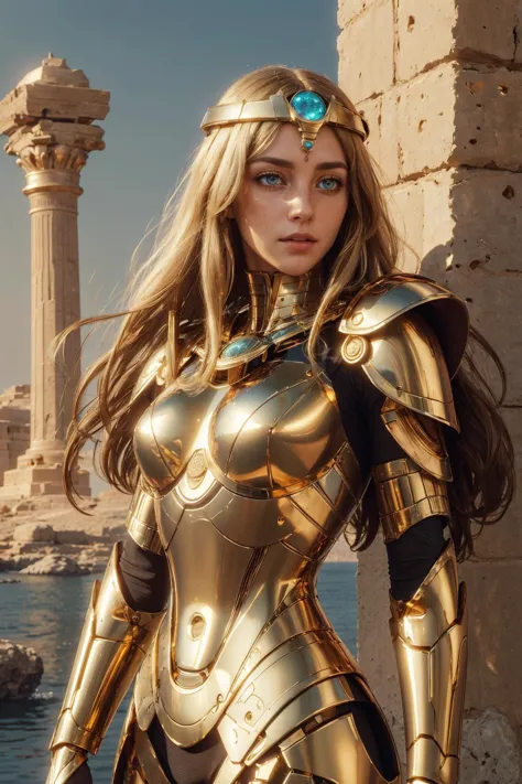 a woman in a gold armor suit standing next to a body of water