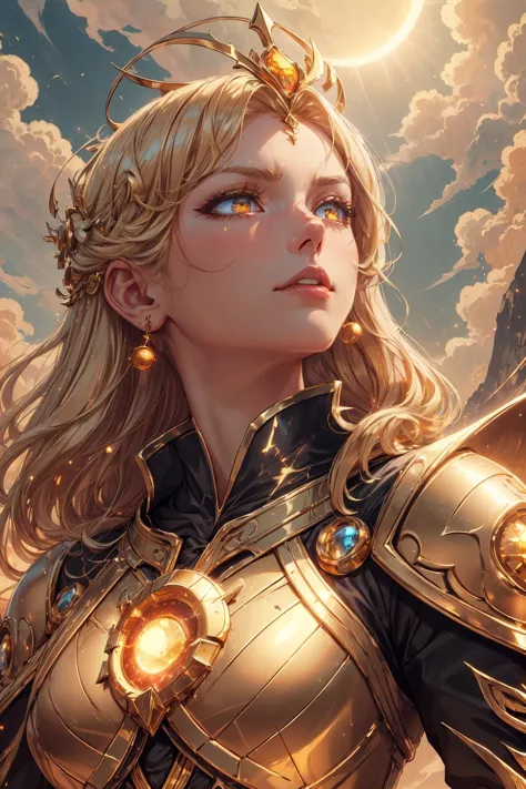 a woman in armor with a golden crown and a golden ring