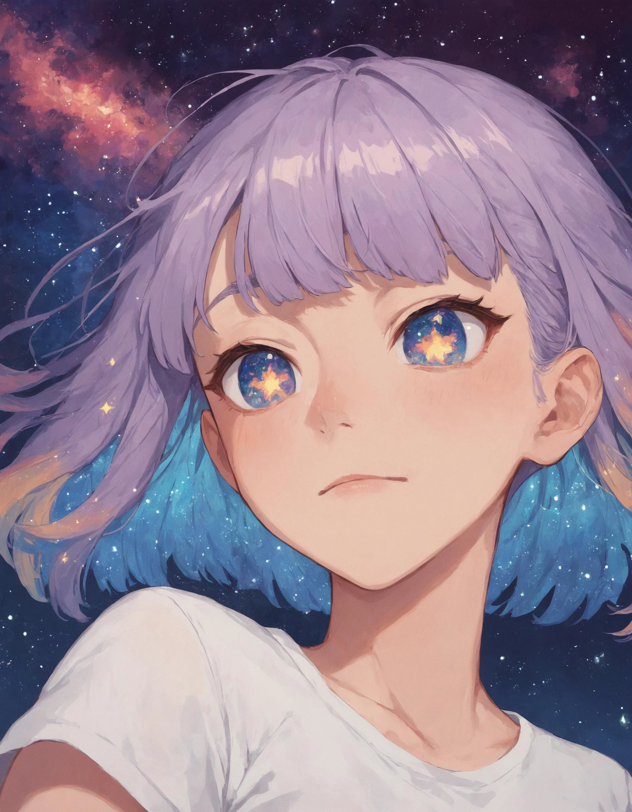 score_9, score_8_up, score_7_up, score_6_up, score_5_up, rating_questionable,  source_anime, 1girl, portrait, galaxy pupils, close up, multicolored hair, fringe, cosmic, white shirt