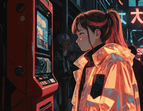 anime girl in raincoat looking at a vending machine