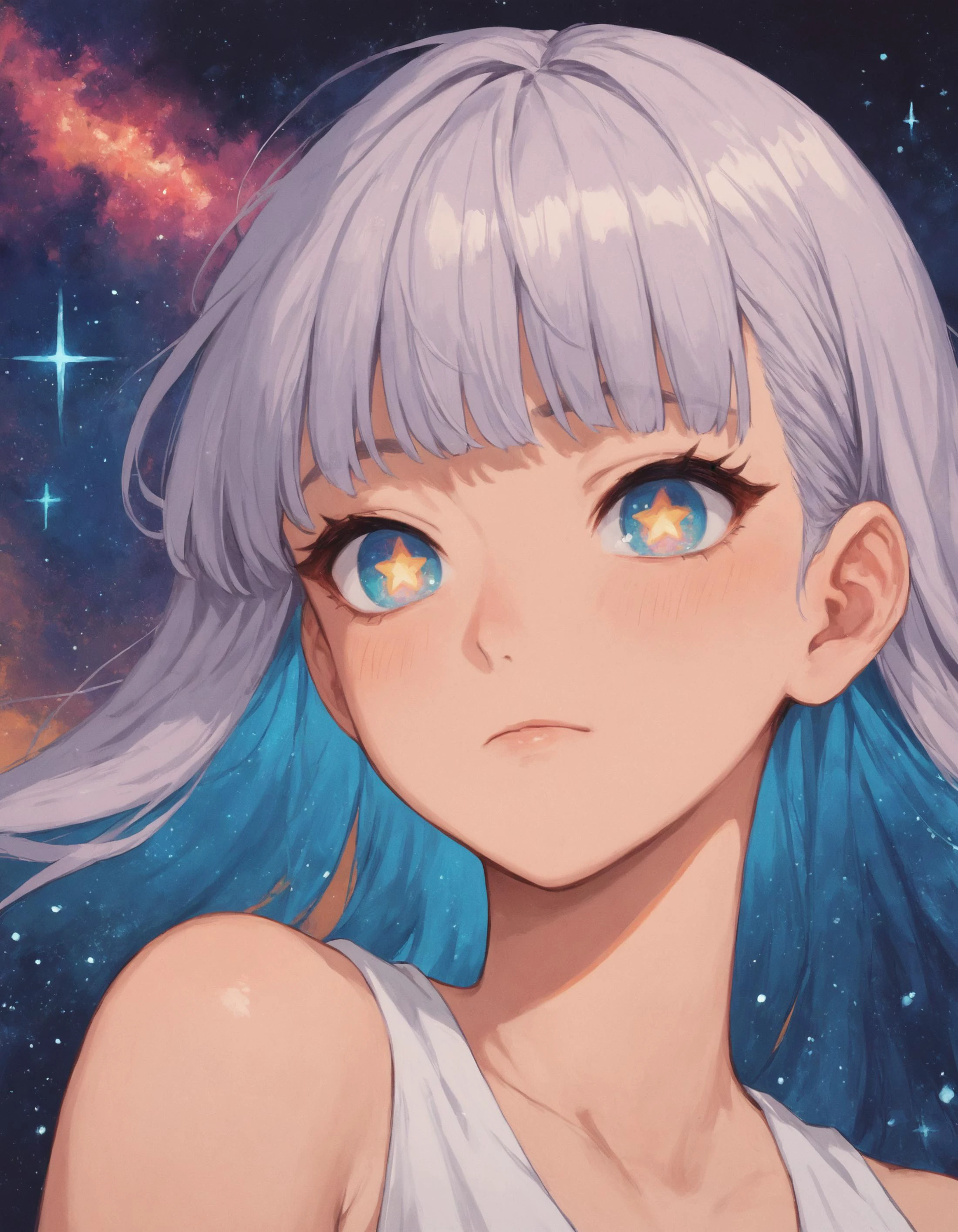 score_9, score_8_up, score_7_up, score_6_up, score_5_up, rating_questionable,  source_anime, 1girl, portrait, galaxy pupils, close up, multicolored hair, fringe, bare shoulders