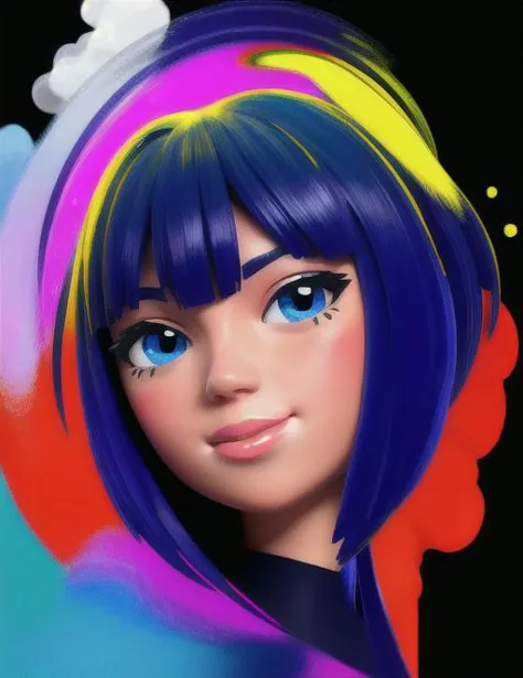 a close up of a cartoon girl with blue hair and a rainbow wig