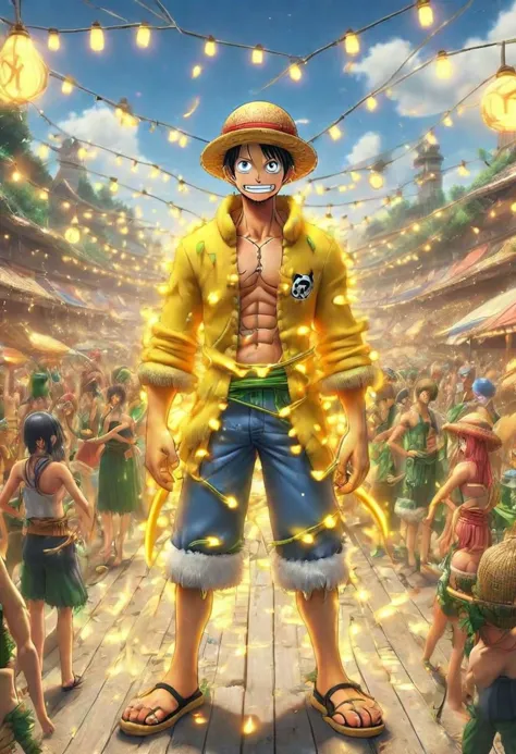 Crie uma cena vibrante de One Piece com a cor característica do Yellow Team. Ilustre um momento dinâmico com personagens icônicos como Luffy, Zoro, ou Nami, garantindo que o elemento amarelo seja exibido com destaque. Abrace o espírito aventureiro de One Piece enquanto infunde a essência da identidade única do Time Amarelo.