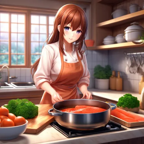 a girl is cooking in a kitchen with a pot, detailed key anime art, kurisu makise, sfw version, salmon khoshroo, patreon, semi - ...
