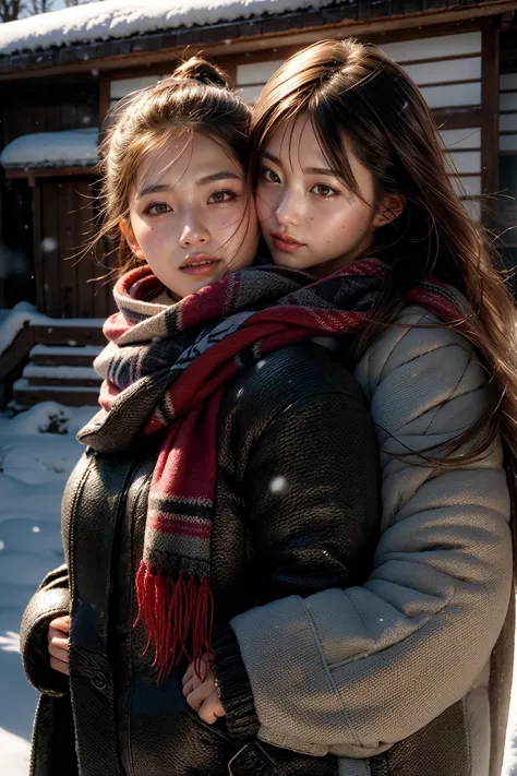 two young women are hugging in the snow outside a house