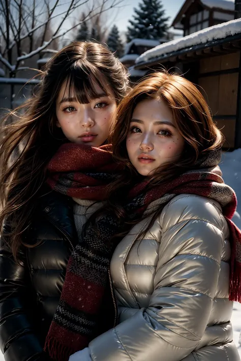 two women standing in the snow with a scarf around their necks