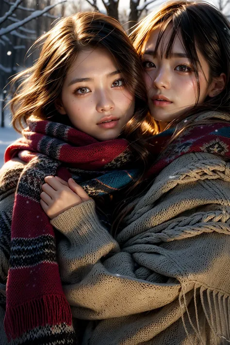 two asian women wrapped in blankets in a snowy park