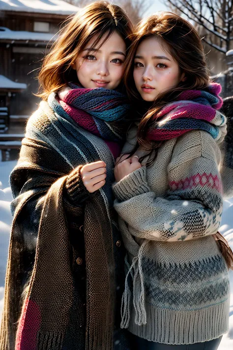 two women standing in the snow with scarves on their shoulders