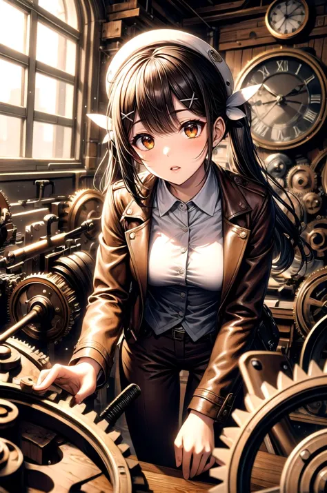 (masterpiece, best quality, detailed), 1girl, solo, looking at viewer, MiyuDef, orange eyes, brown eyes, black hair, long hair, hairclip, bangs, hair ornament, twintails, low twintails, sidelocks, small breasts, x hair ornament, feather hair ornament,
fedora, brown headwear, brown pants, black belt, cowboy hat, brown jacket, leather jacket, indiana jones, white shirt, satchel, gear, machine, indoors, clock, chair, table, book stack, fisheye, leaning forward, hanging breasts, parted lips