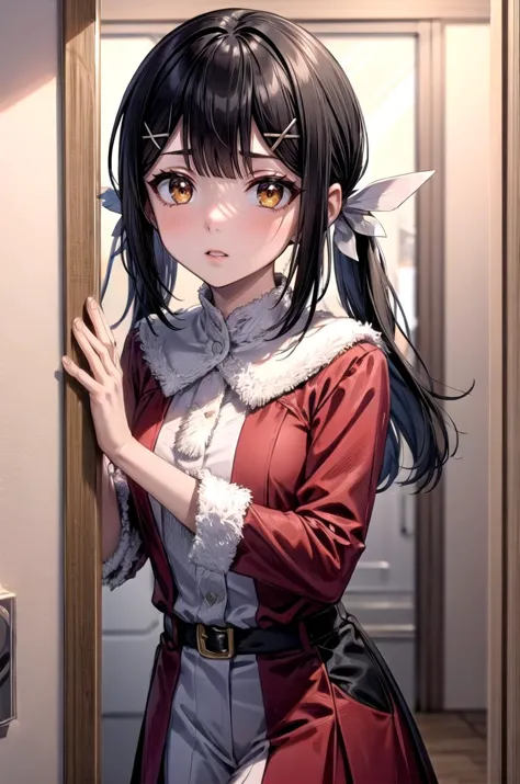 (masterpiece, best quality, detailed), 1girl, solo, looking at viewer, MiyuDef, orange eyes, brown eyes, black hair, long hair, hairclip, bangs, hair ornament, twintails, low twintails, sidelocks, small breasts, x hair ornament, feather hair ornament,
<lora:hot_christmas:0.9>, hot christmas, red dress, fur trim, <lora:FittingRoom:0.6>, fitting room, curtains, <lora:peeking_out_upper_body_pruned:1.2>, peeking out upper body, opening door, parted lips