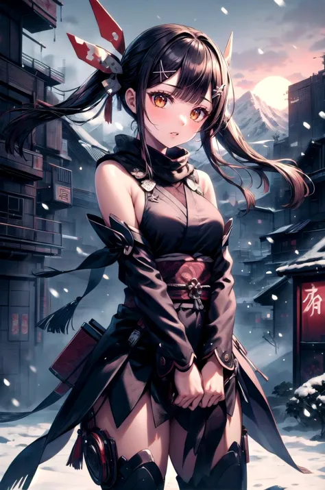 (masterpiece, best quality, detailed), 1girl, solo, looking at viewer, <lora:Miyu:0.9>, MiyuDef, orange eyes, brown eyes, black hair, long hair, hairclip, bangs, hair ornament, twintails, low twintails, sidelocks, small breasts, x hair ornament, feather hair ornament, <lora:ShinobiTech:1>, shinobitech, shinobi, bulky metal, cyberpunk, outdoors, winter, mountain, snow, bare tree, scenery, (snowing), <lora:breasts_squeezed_together_v0.2:1> (breasts squeezed together, v arms), parted lips