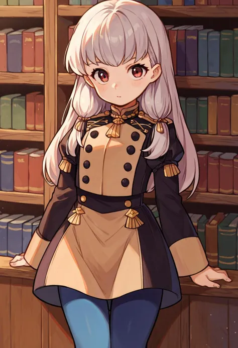 anime girl in uniform standing in front of a book shelf