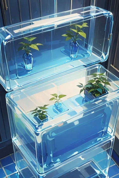 there are two clear boxes with plants in them on a blue tiled floor