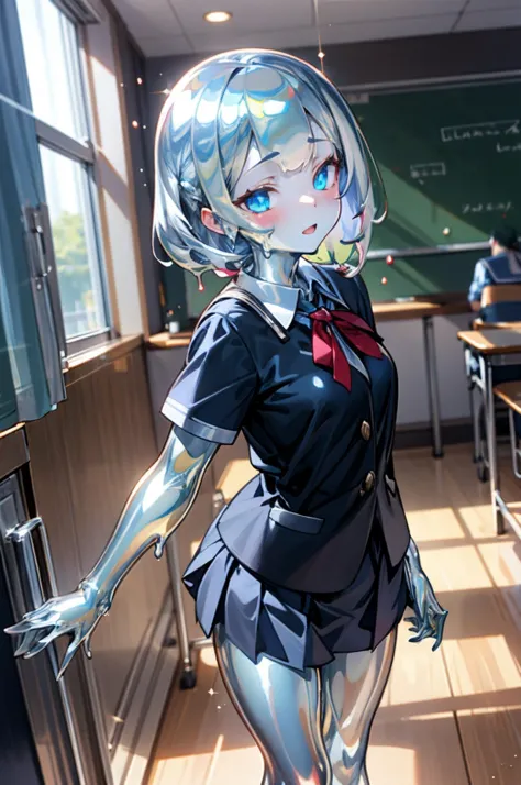 anime girl in a school uniform standing in a classroom