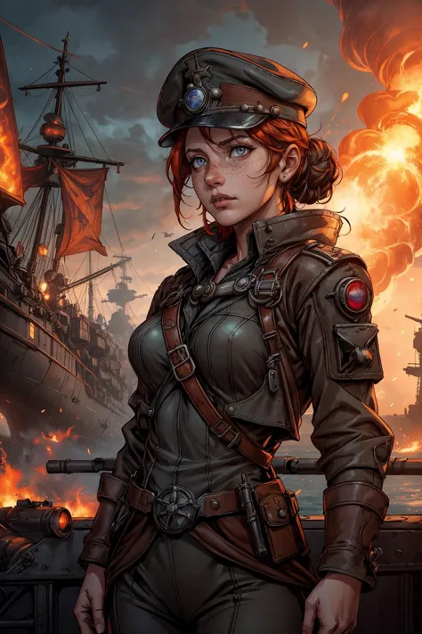 1 girl, adult (elven:0.7) woman, freckles, ruby eyes, chestnut bun hair,
Style-GravityMagic,  solo, upper body, looking up, detailed background, detailed face, (dieselpunkai, ww2 dieselpunk theme:1.1), ship captain, calm, orange  admiral uniform,  bicorn hat,  dynamic movement, in port,  rigging, rail, ship wheel,  island in background, overcast, dramatic lighting,  tense atmosphere,