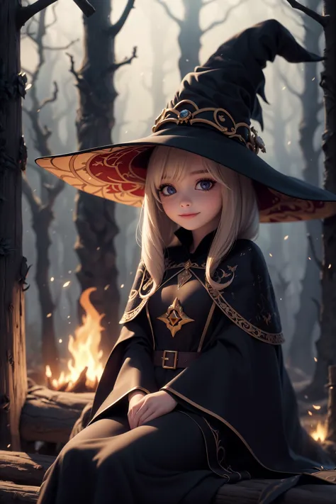 a woman in a witch hat sitting on a log in the woods