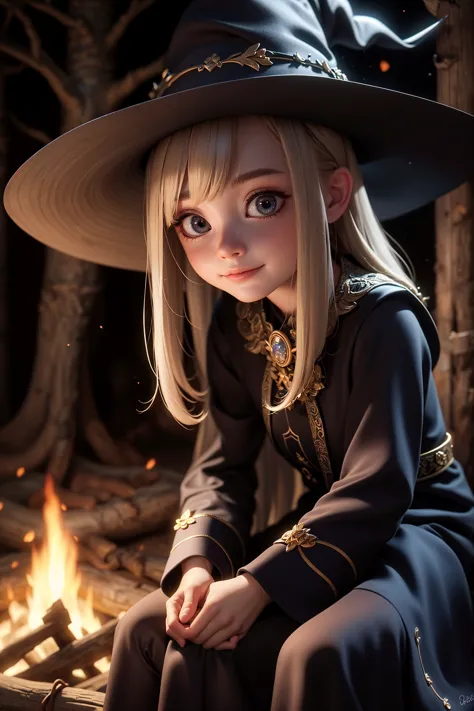 best quality, dark,(dark lighting:1.3),witch,slight smile, tilting head, detailed eyes, detailed face, detailed hair, blue detailed iris, intricate witch clothing, sitting on log, bonfire, night,