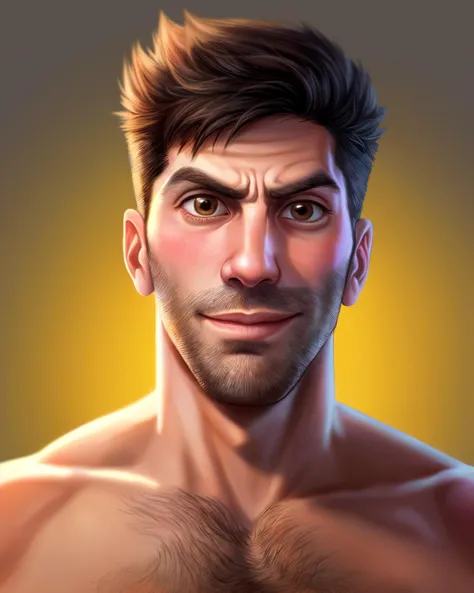 nev schulman, hombre guapo, (de cerca:0.6) Retrato, Parte superior del cuerpo, estilo pixar, sonrisa afectada, enfoque nítido, absurdos, obra maestra, top-less, fondo limpio y vibrante, pose dinámica, (perfil:0.6) 