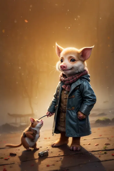 Tiny cute and adorable piglet adventurer dressed in a warm overcoat with survival gear on a winters day, jean - baptiste monge ,...