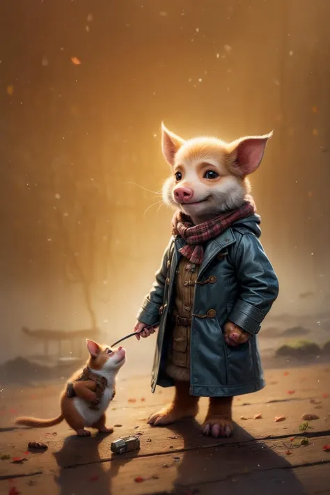 Cerdito aventurero pequeño, lindo y adorable vestido con un abrigo cálido y equipo de supervivencia en un día de invierno, jean - baptiste monge , antropomórfico 